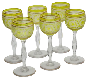 Thistle Engraving Green Wine Glasses, France, 1910s, Set of 6