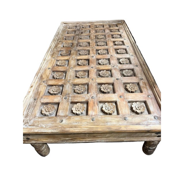 Antique Brown Lotus Carved Coffee Table – Handcrafted Rustic Statement Center Table 74 For Sale In Orlando - Image 6 of 8