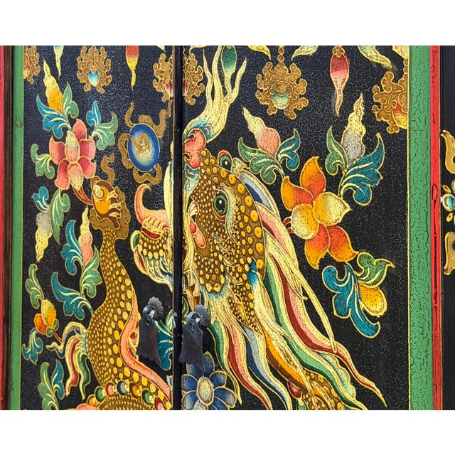 Oriental Tibetan Style Golden Dragon Graphic Tall Slim Storage Cabinet For Sale - Image 12 of 15