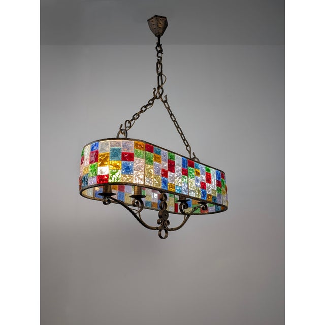 Blue Large Italian Multicolor Hammered Glass and Wrought Iron Lamp, 1990s For Sale - Image 8 of 15