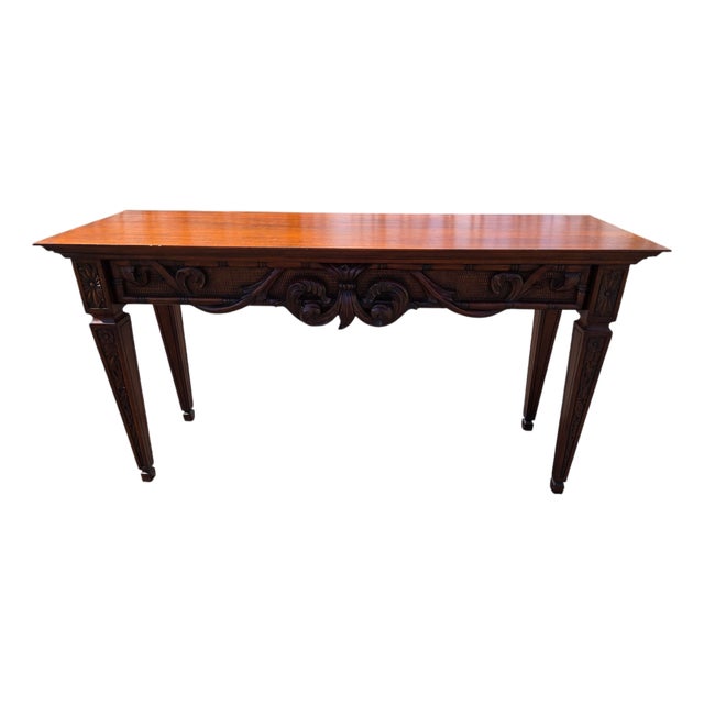 1990s Ethan Allen Mahogany Carved French Regency Sofa Hall Table Console Woven Cane For Sale