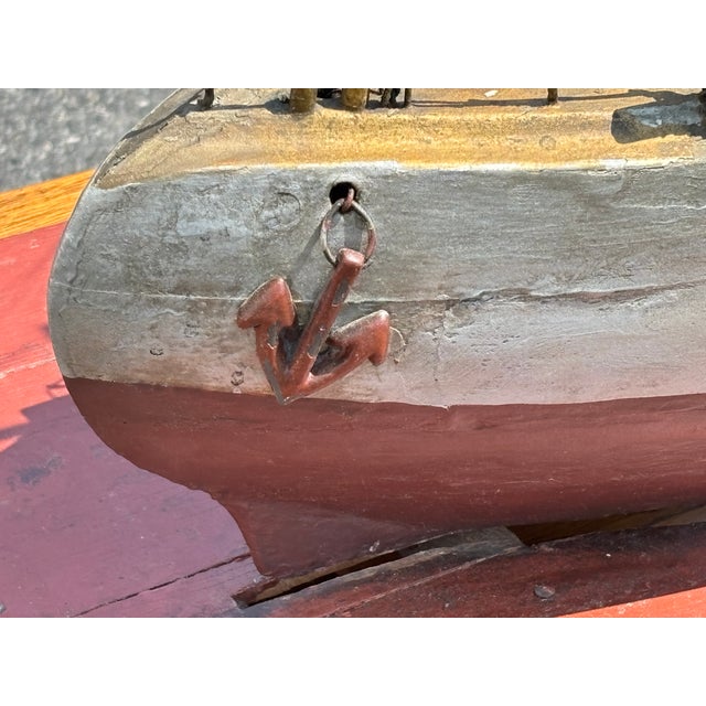 Brick Red Late 19th C. American Primitive Folk Hand-Crafted Battleship Model on Base For Sale - Image 8 of 17