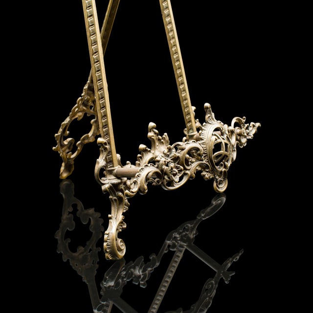 Metal Tall Vintage Picture Easel, English, Gilt Metal, Rococo Revival, Artwork Stand For Sale - Image 7 of 12