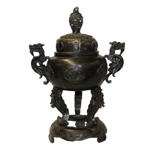 Chinese Oriental Dark Brown Bronze Metal Incense Burner Display For Sale In San Francisco - Image 6 of 6