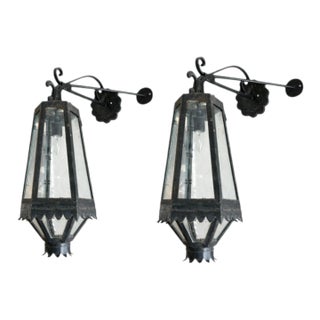 Vintage Iron Lantern Wall Sconces With Glass Seeded Panels - a Pair For Sale