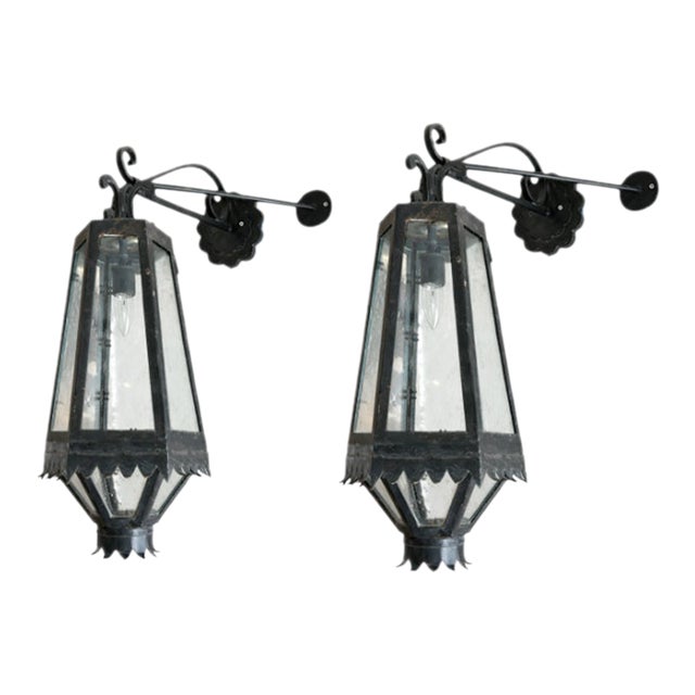 Vintage Iron Lantern Wall Sconces With Glass Seeded Panels - a Pair For Sale