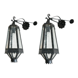 Vintage Iron Lantern Wall Sconces With Glass Seeded Panels - a Pair