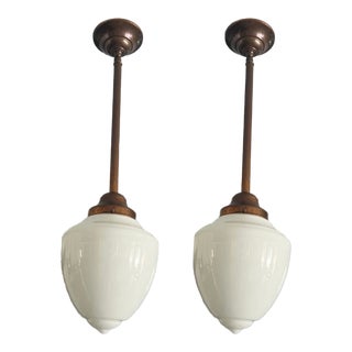 Pair of Urban Archaeology Pendant Lights White Glass Acorn Shades For Sale