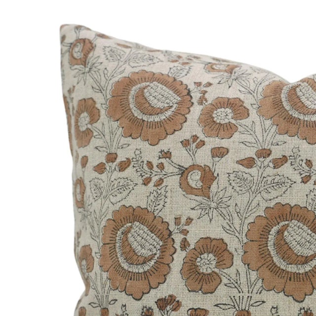 Throw Pillow Cover 24x24 Inch Handmade Block Print Cushion Thick Linen -Sun Flower For Sale - Image 4 of 4