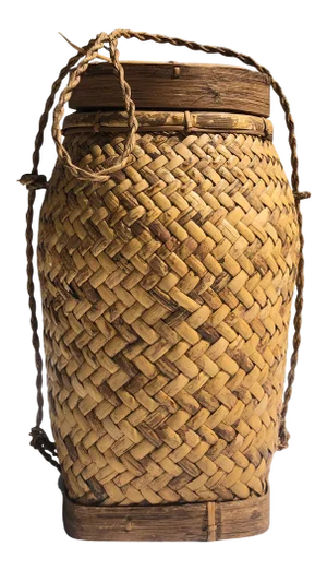 Early 20th Century Herringbone Rattan Basket With Lid and Rattan Strap