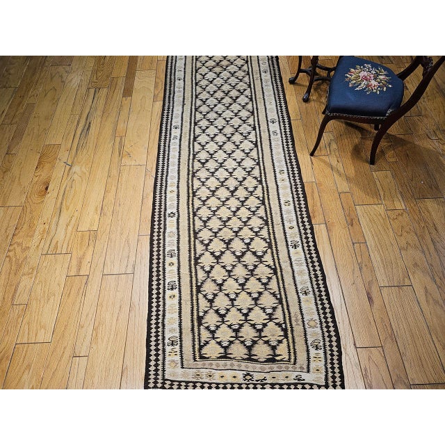 Vintage Persian Qazvin Tribal Kilim Runner, Handwoven Wool, Allover Paisley Pattern, Tan & Brown, 3x11 For Sale In Chicago - Image 6 of 18