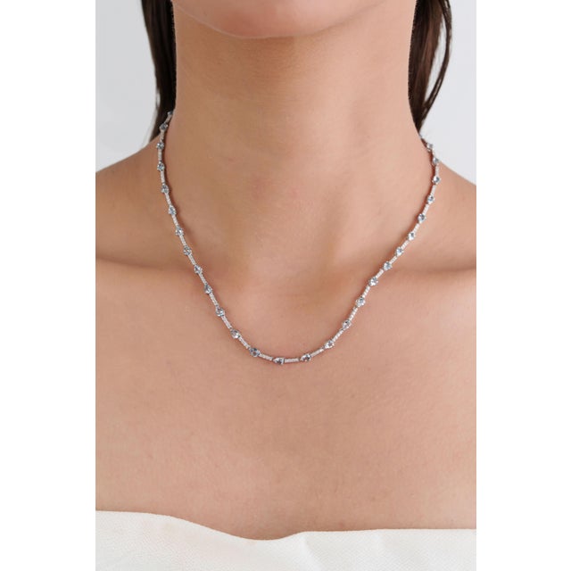 Sky Blue 4.29ct Natural Aquamarine & 1.11ct Diamond Tennis Necklace in 14k White Gold For Sale - Image 8 of 16