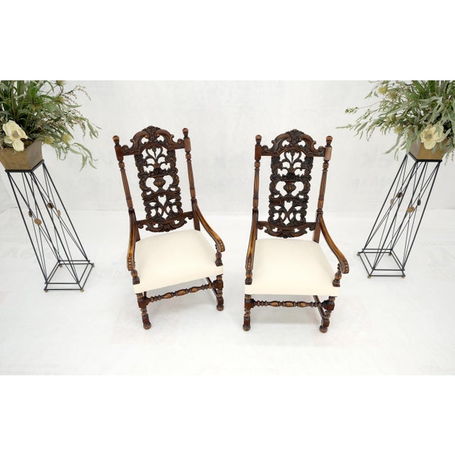 Pair of Carved Walnut Tall Backs New Upholstery Fireside Arm Side Chairs