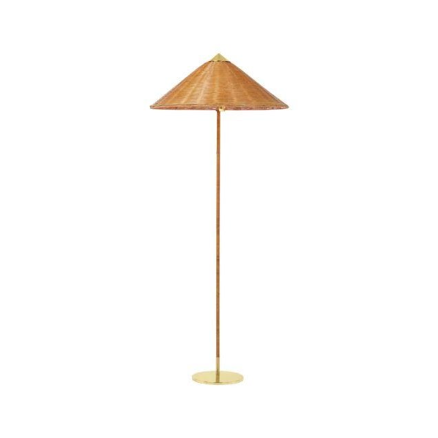 Mid-Century Modern Mid-Century Modern 1935 Paavo Tynell Model 9602 Brass and Rattan Floor Lamp With Canvas Shade For Sale - Image 3 of 16