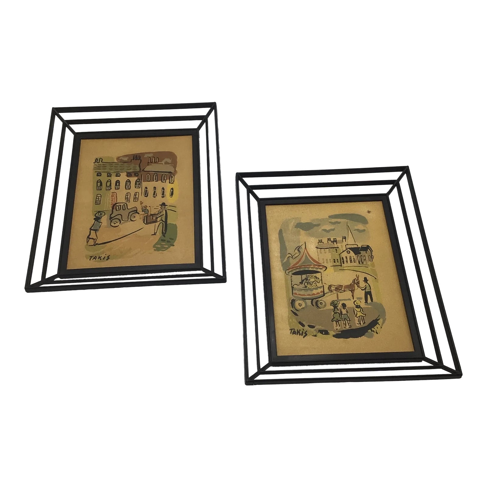 Vintage Framed Modern Art Street Scene Silkscreened Serigraphs by Nicholas Takis a Pair Chairish