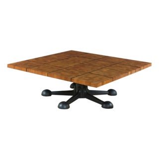 Square 49.5 Inch Danish Teak Butcher Block Coffee Table on Black Iron Base For Sale