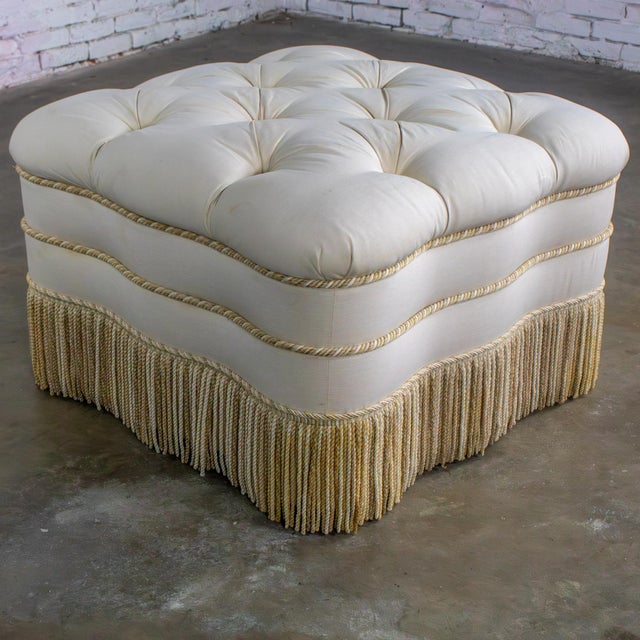Wood Late 20th Century Traditional Large Ottoman Ecru Upholstered Pillow Top With Bullion Fringe For Sale - Image 7 of 18