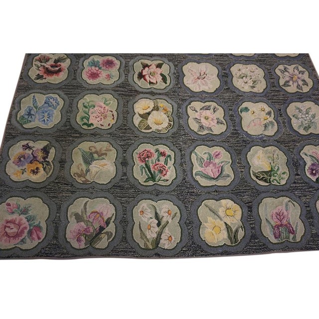 1930s Gray Roses Folk Art Antique American Hooked Rug 5'10" X 7'6" Woven Cotton Carpet For Sale - Image 12 of 12