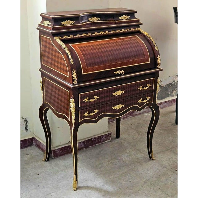2020s French Roll Top Secretary Desk With Marquetry Inlay & Bronze Accents For Sale - Image 5 of 5