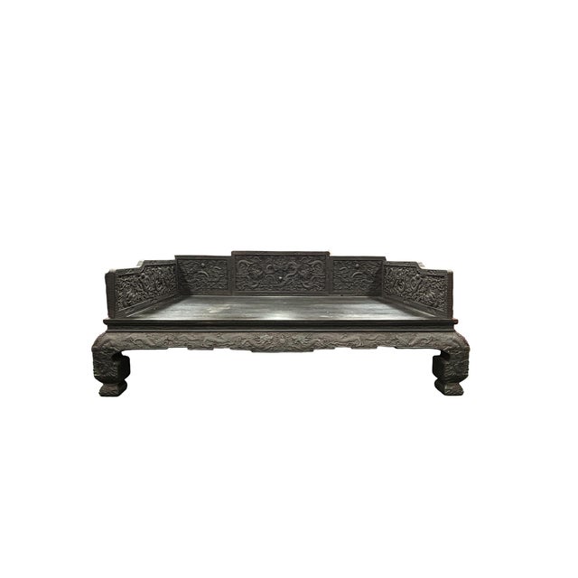 Oriental Dragon Relief Motif Solid Dense Tan Wood Luohan Daybed For Sale - Image 13 of 16