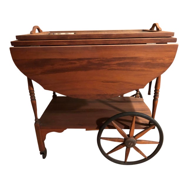 Vintage Solid Wood DropLeaf Tea Cart With Glass Serving Tray Chairish