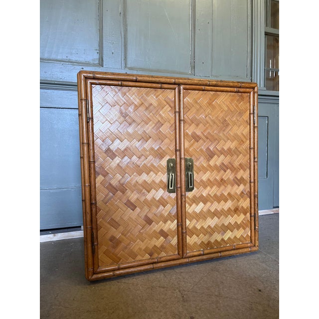 Vintage Bamboo and Rattan Double Door Cabinet with Brass Handles For Sale - Image 10 of 10