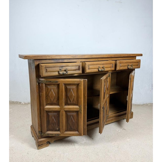 Wood Spanish Rustic Walnut Sideboard with Three Drawers, 1930 For Sale - Image 7 of 12
