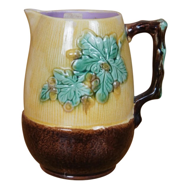 Antique Majolica Adams & Bromley Oak Leaf & Acorn Nut Creamer Pitcher Jug For Sale