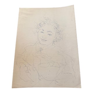 Mid Century Modern Pencil Sketch by Dimitrie Berea of a Smiling Woman For Sale