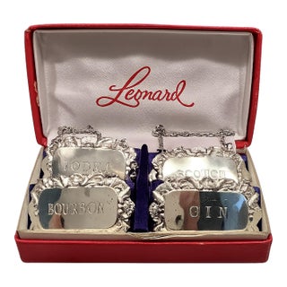 Vintage Leonard Silver Decanter Tags / Liquor Labels Set of 4 for Bar Cart Glam, Palm Beach Regency, Grandmillennial, Sophisticated Barware. See Pics! For Sale