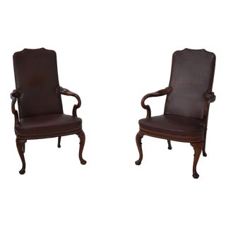 Pair of Hickory Leather Mahogany Armchairs - New Upholstery For Sale