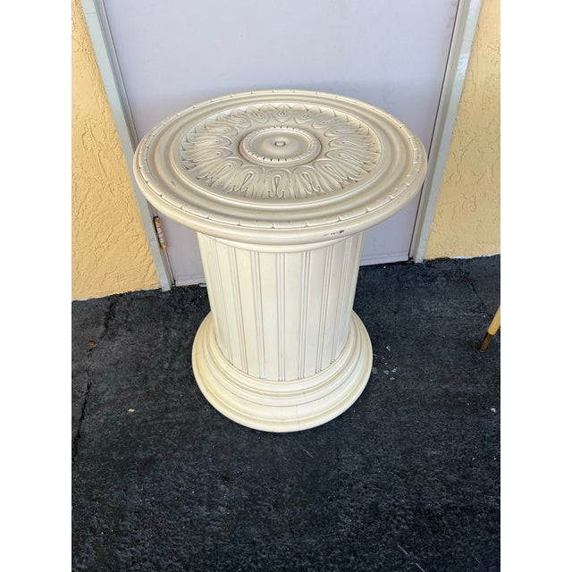 White Oak Wood Table Pedestal. Late 20th-century large doric pedestal features a cream-colored, heavy wood column with...