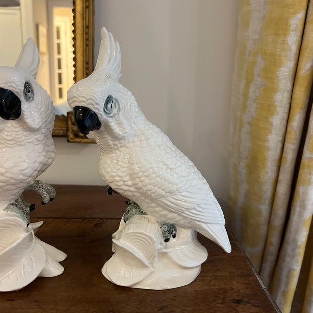 Hollywood Regency Vintage Mid Century Porcelain White Cockatiel Birds- A Pair For Sale - Image 3 of 8