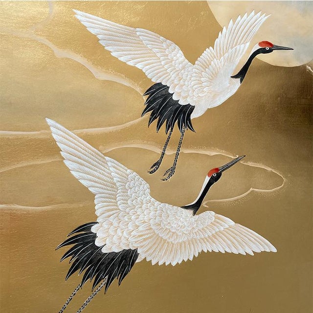 Gold Leaf Japanese Style Hand-Painted Crane Wall Panels (Set of 4) For Sale - Image 4 of 8