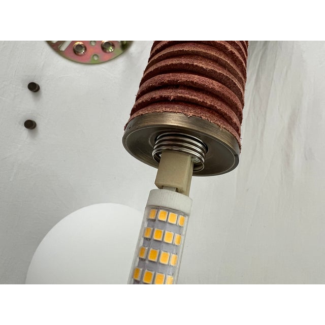 One of a Kind Artisan Wall Sconce Aged Brass Brown Stacked Leather Disks For Sale - Image 11 of 13