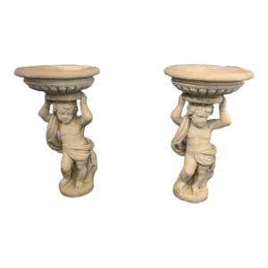 Pair of Concrete Cherub Putti Planters With Stands. Large Size