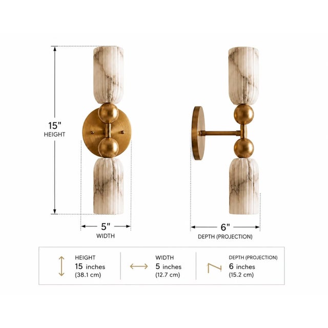 Luxury Alabaster Wall Sconce Set of 2, Handcrafted Solid Brass Double Cylinder Wall Sconce, Italian Marble Wall Lamp, Brass Double Light Fixture For Sale - Image 9 of 10