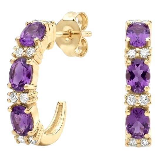 Amethyst & Cz Huggies Hoops Studs | Dainty Hoop Birthstone Earrings for Woman, A Pair For Sale