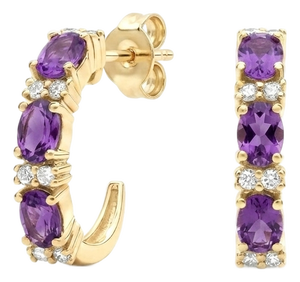 Amethyst & Cz Huggies Hoops Studs | Dainty Hoop Birthstone Earrings for Woman, A Pair