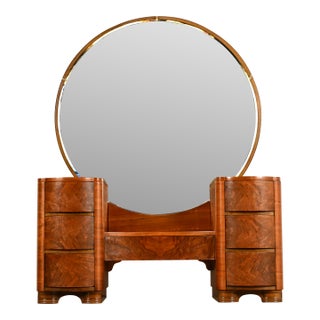 Donald Deskey Style Art Deco Burl Wood Vanity Dresser With Mirror, Circa 1930s For Sale