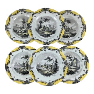 French Faïence Hand Painted Romantic Grisaille & Cirage Plates, S/6 For Sale