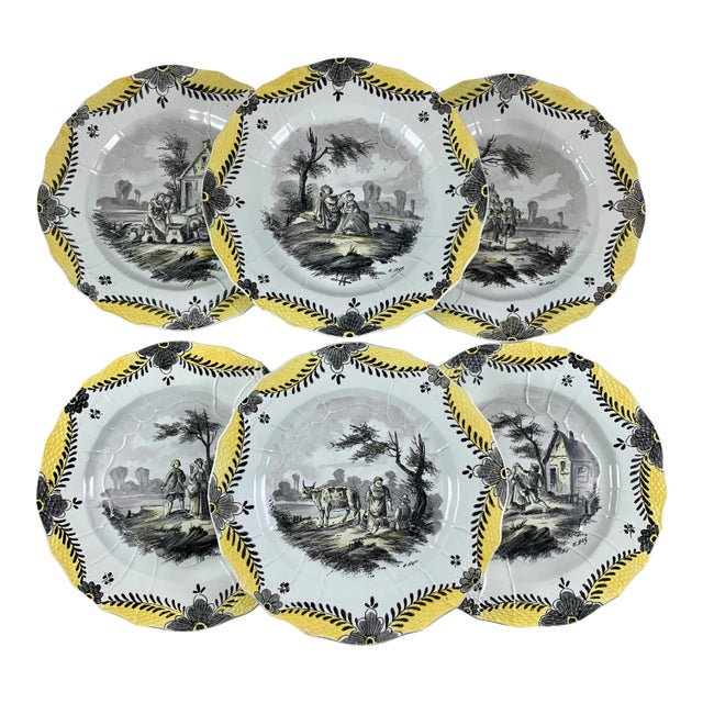 French Faïence Hand Painted Romantic Grisaille & Cirage Plates, S/6 For Sale