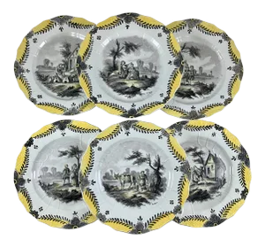 French Faïence Hand Painted Romantic Grisaille & Cirage Plates, S/6