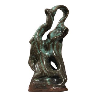 Vintage Abstract Biomorphic Earthenware Faded Blue Glaze, Signed (C. 1970) For Sale