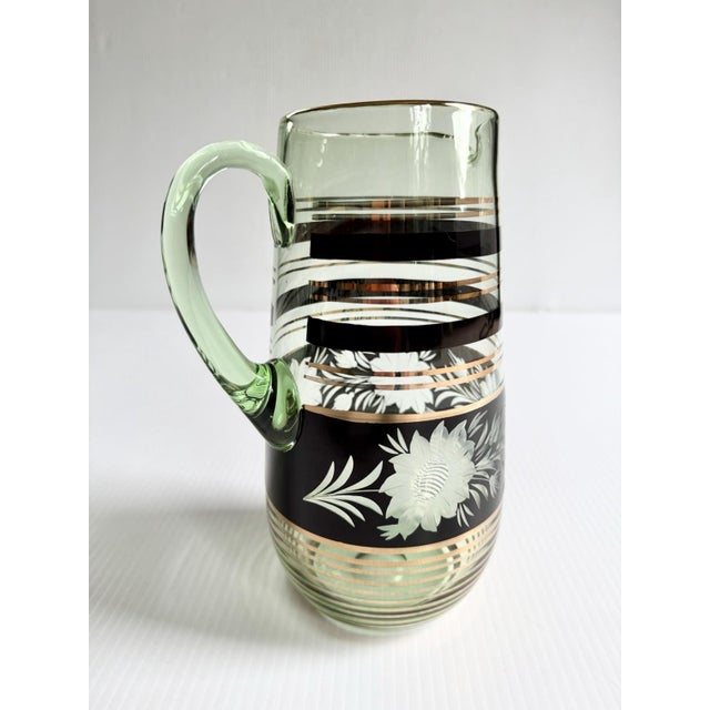 Vintage Mid-Century Modern Bohemian Green Glass Pitcher Cut Flowers, Gold & Black Bands For Sale - Image 4 of 17