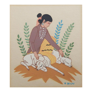 Late 20th Century Harrison Begay Navajo Girl and Lambs Serigraph