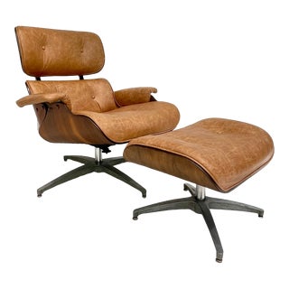 1970's Eames Style Leather Lounge Chair and Ottoman For Sale