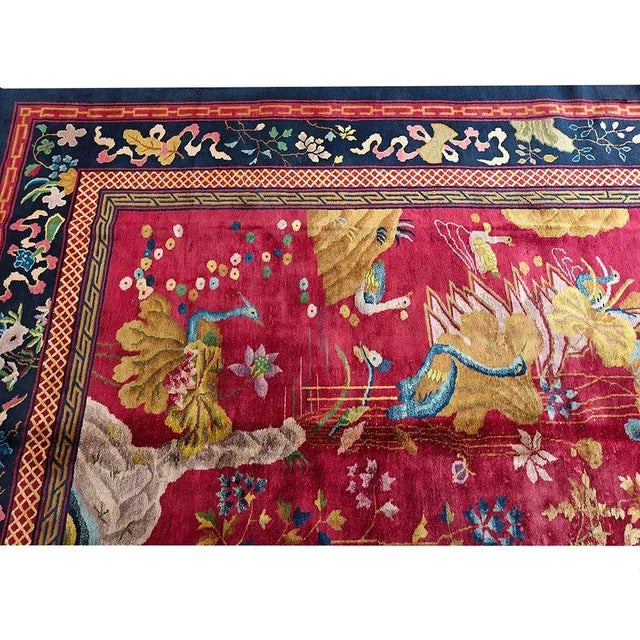 1920s Ruby Red Scene Floral Antique Chinese Art Deco Carpet 9' X 14' Knotted Wool Rug For Sale - Image 4 of 9