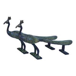 Green Brass Peacock Door Handles, a Pair For Sale