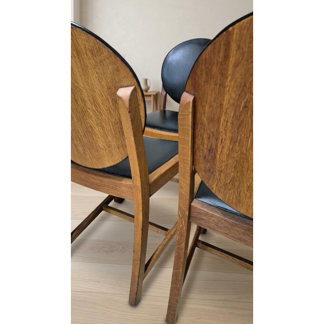 Vintage Wooden Dining Chairs with Black Leather Upholstery, 1940s, Set of 4 For Sale - Image 9 of 17